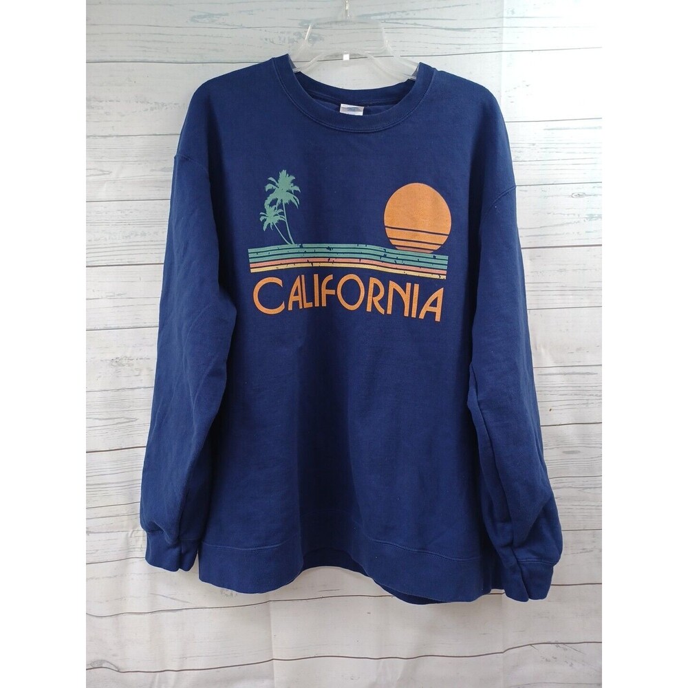 Port Company California Crewneck Sweater Mens 2XL Blue Surf Sun Palms Beach